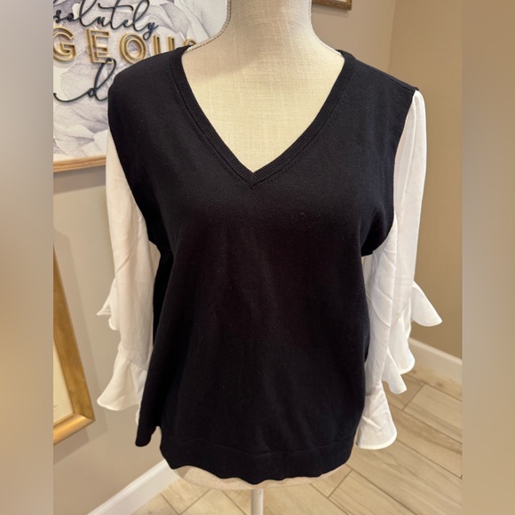 CECE Black and White Ruffle Sleeve Sweater - Picture 1 of 6